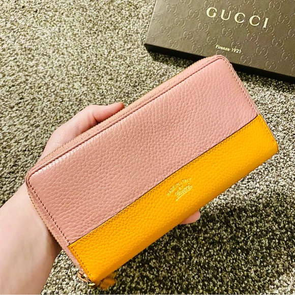 EUC GUCCI LE Japan Exclusive Two Tone Pink & Orange Leather Bamboo Long Wallet - Picture 1 of 16